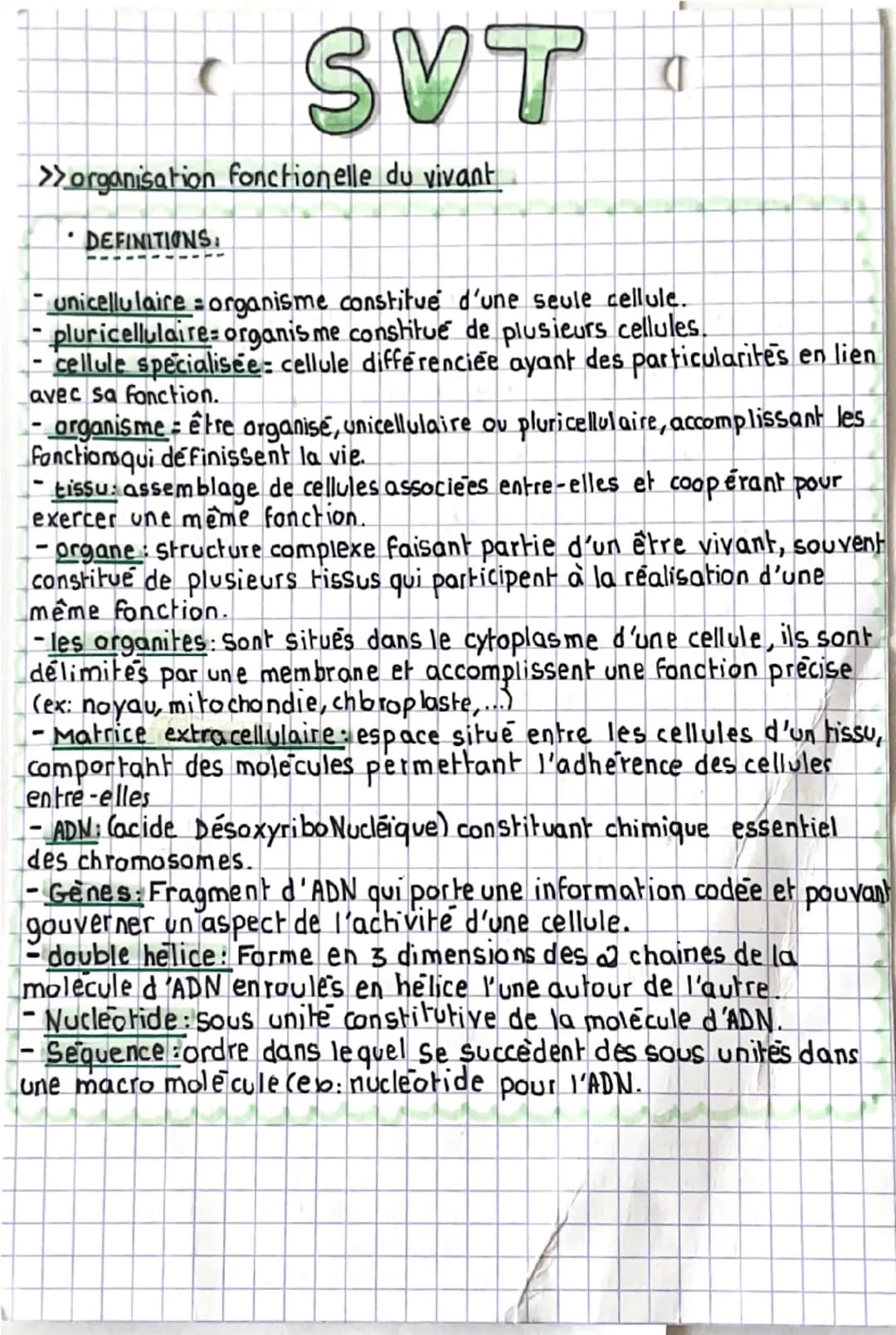# SVT

>>organisation fonctionelle du vivant

- DEFINITIONS:

- unicellulaire = organisme constitué d'une seule cellule.
- pluricellulaire o