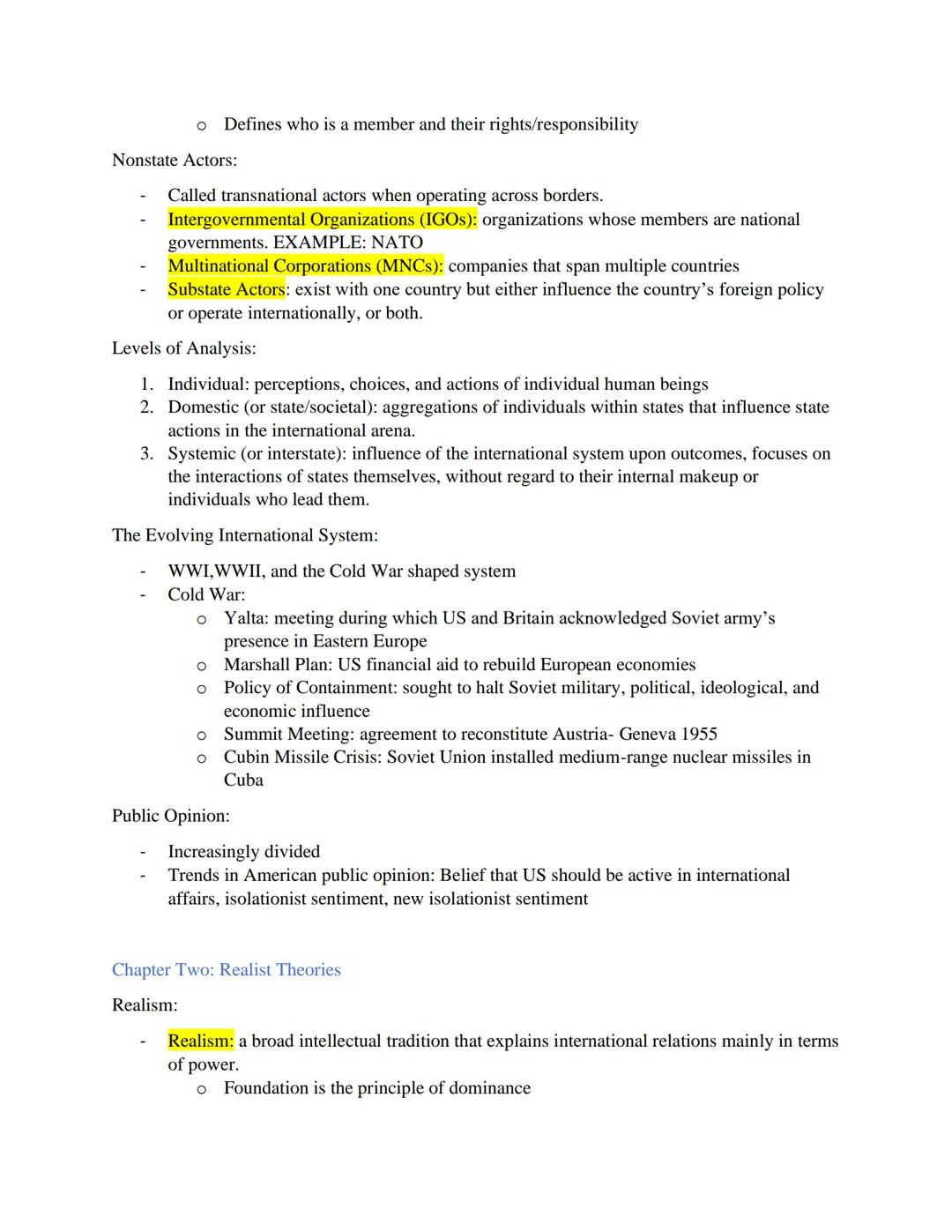 # International Relations Mid Term 1 Review:
Chapter One: The Globalization of International Relations

- International relations: concerns 