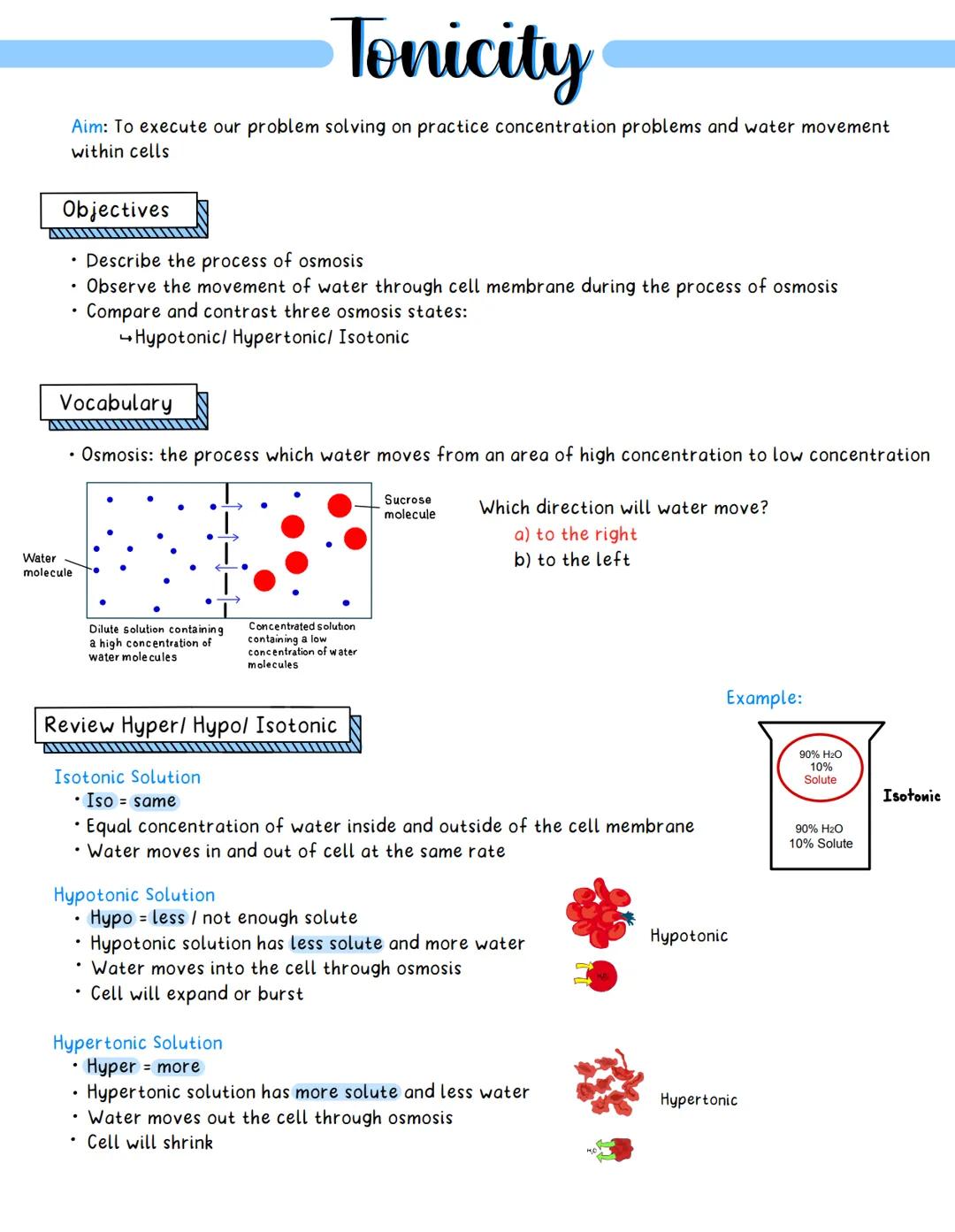 # Tonicity

Aim: To execute our problem solving on practice concentration problems and water movement
within cells

Objectives

*   Describe