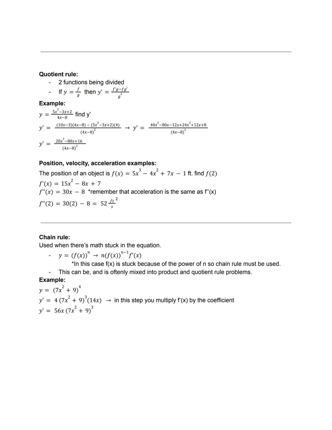 Algebraic calculus
Power rule:
- only used with polynomials
- If y = x" then y' = nx"-1
Example:
f(x) = x⁴ + 3x³- 7x² + 6x - 2
f'(x) = 4x³ +