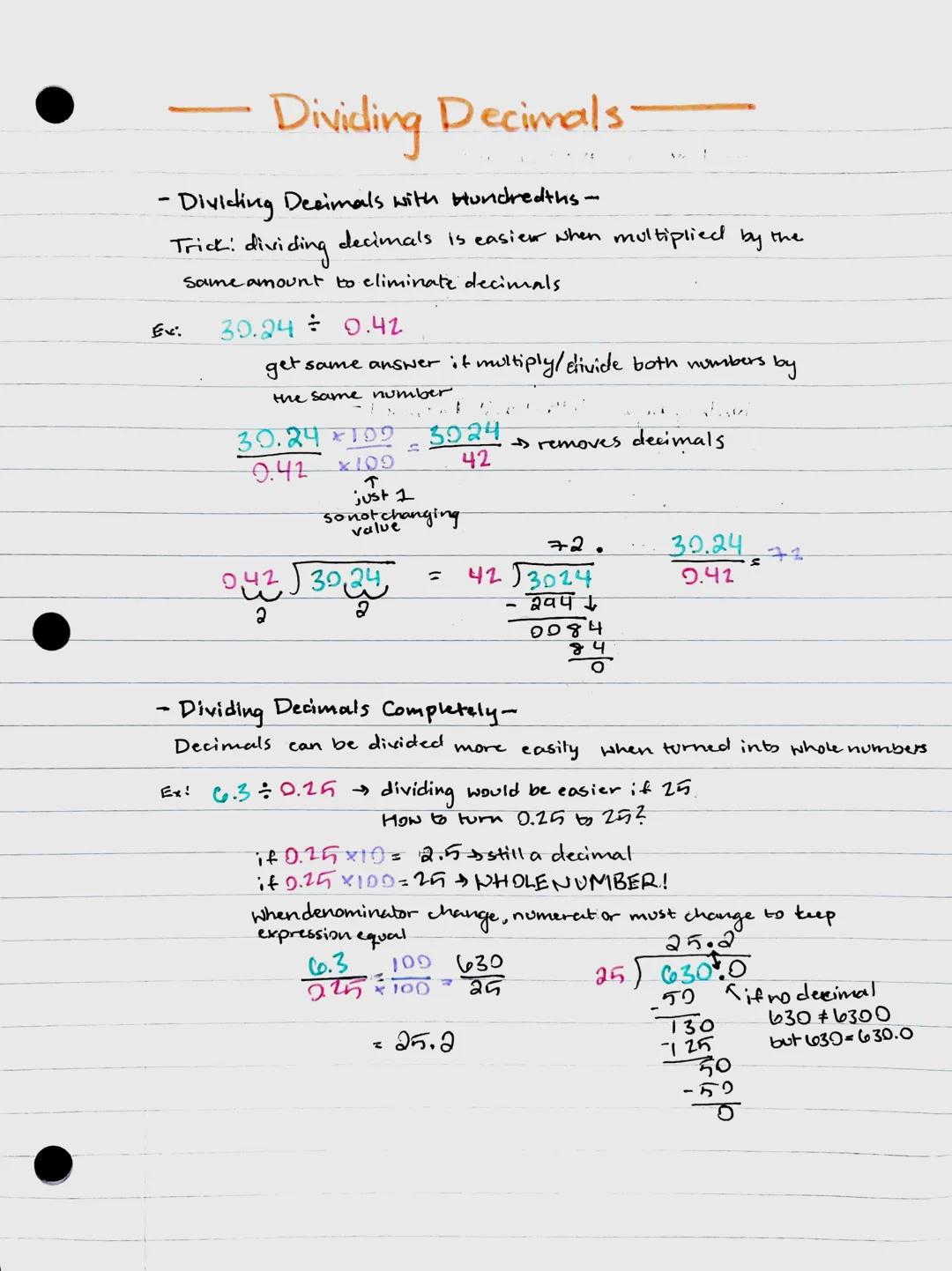 - Dividing Decimals

- Divicding Decimals with blundredths.
Trick: dividing decimals is easier when multiplied by the
same amount to elimina