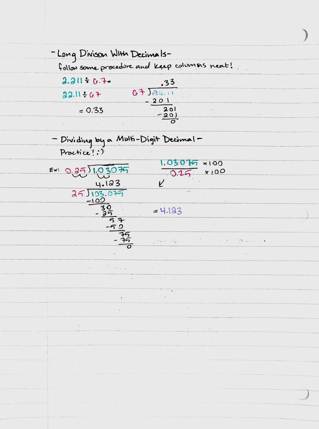 - Dividing Decimals

- Divicding Decimals with blundredths.
Trick: dividing decimals is easier when multiplied by the
same amount to elimina