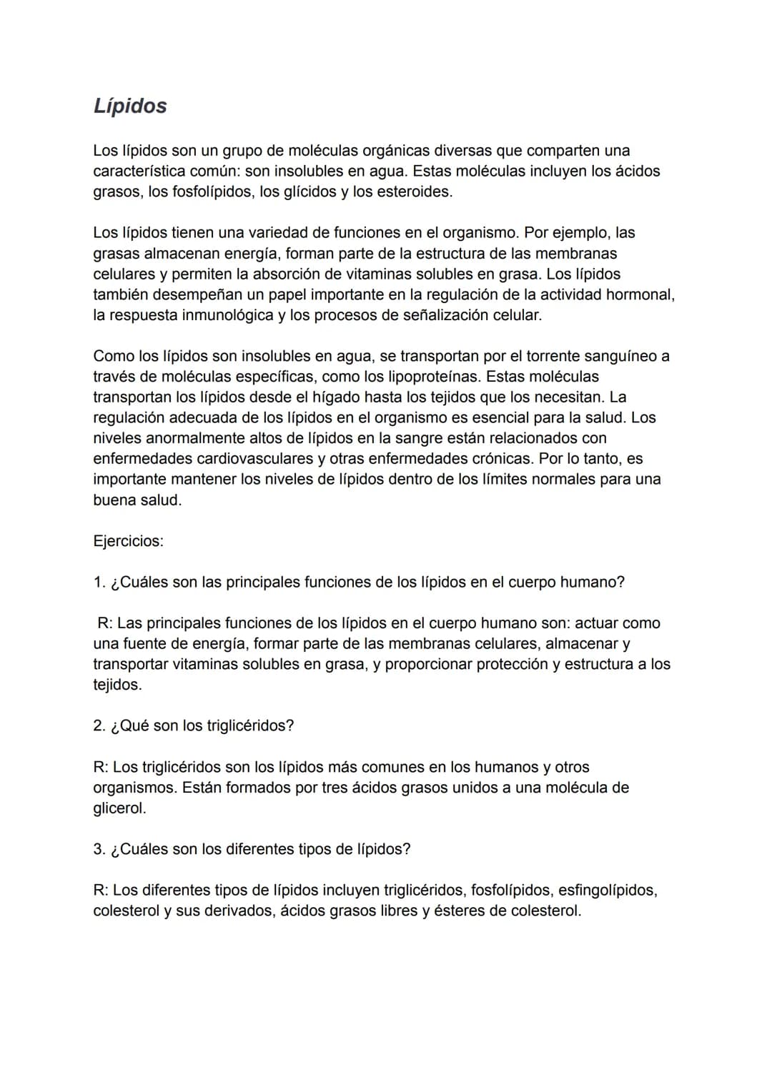 # Lípidos

Los lípidos son un grupo de moléculas orgánicas diversas que comparten una
característica común: son insolubles en agua. Estas mo