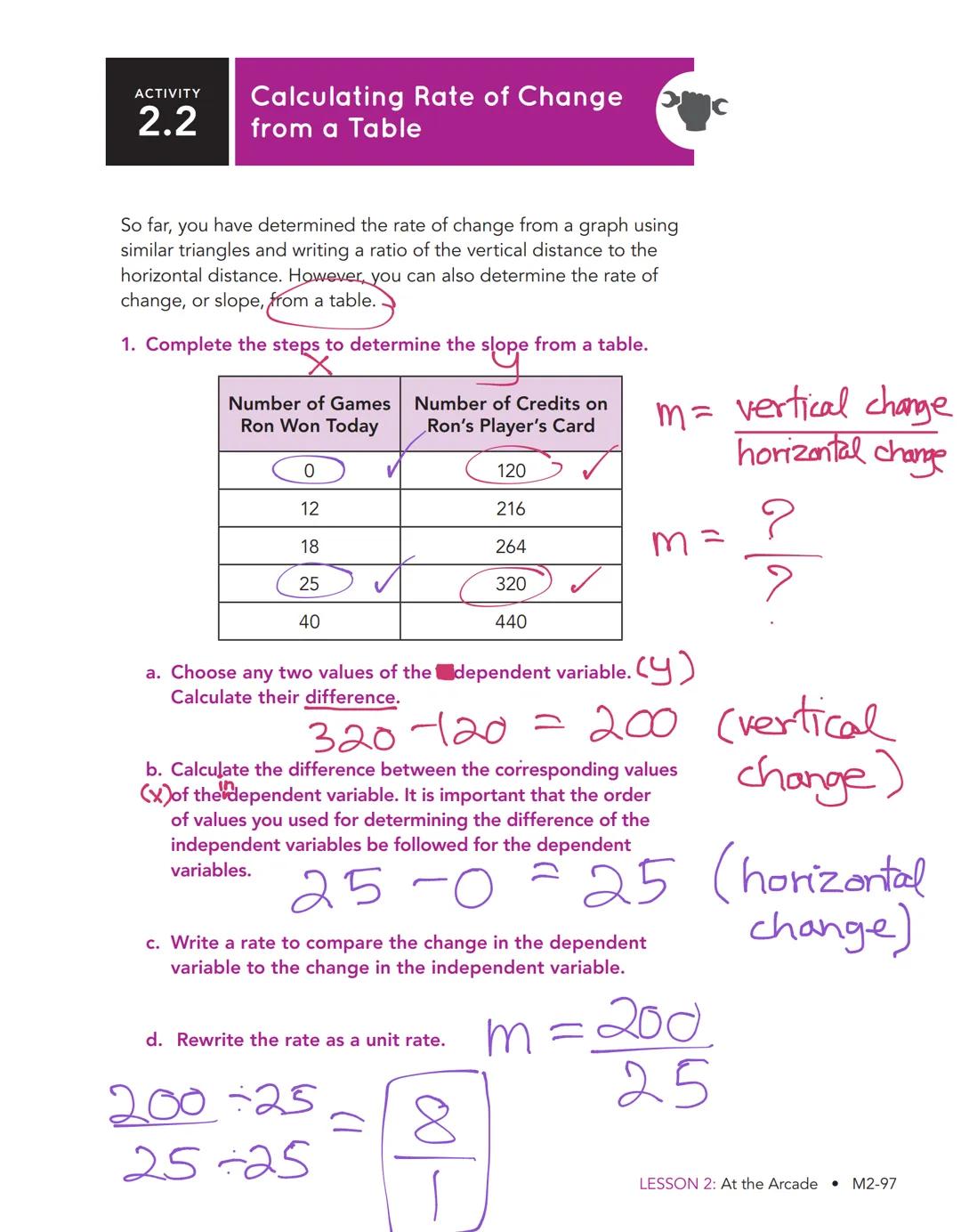 # At the
Arcade
Linear Relationships in Tables

WARM UP
Use similar right triangles to determine
the slope of each line.

AY
8
6
M=-3
2
3
86