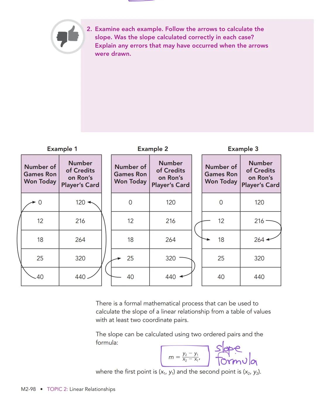 # At the
Arcade
Linear Relationships in Tables

WARM UP
Use similar right triangles to determine
the slope of each line.

AY
8
6
M=-3
2
3
86