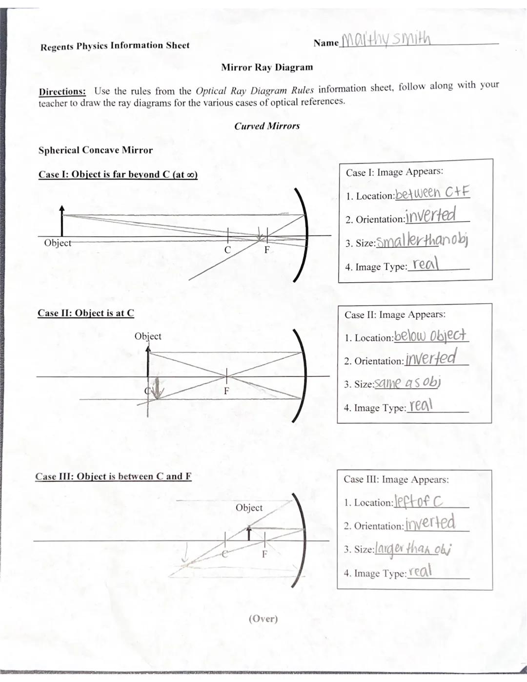 Regents Physics Information Sheet
Name Malthy smith
Mirror Ray Diagram
Directions: Use the rules from the Optical Ray Diagram Rules informat