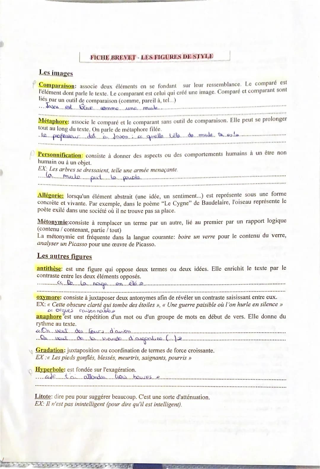 # FICHE BREVET-LES FIGURES DE STYLE

Les images

Comparaison: associe deux éléments en se fondant sur leur ressemblance. Le comparé est
l'él