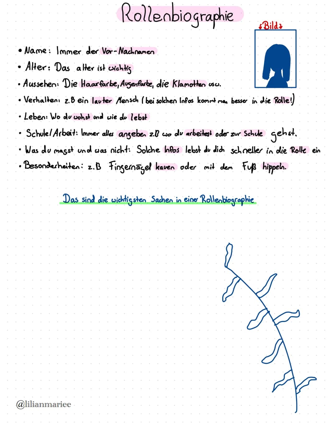 # Rollenbiographie

• Name: Immer der Vor-Nachnamen

• Alter: Das alter ist wichtig

• Aussehen: Die Haarfarbe, Augenfarbe, die Klamotten us