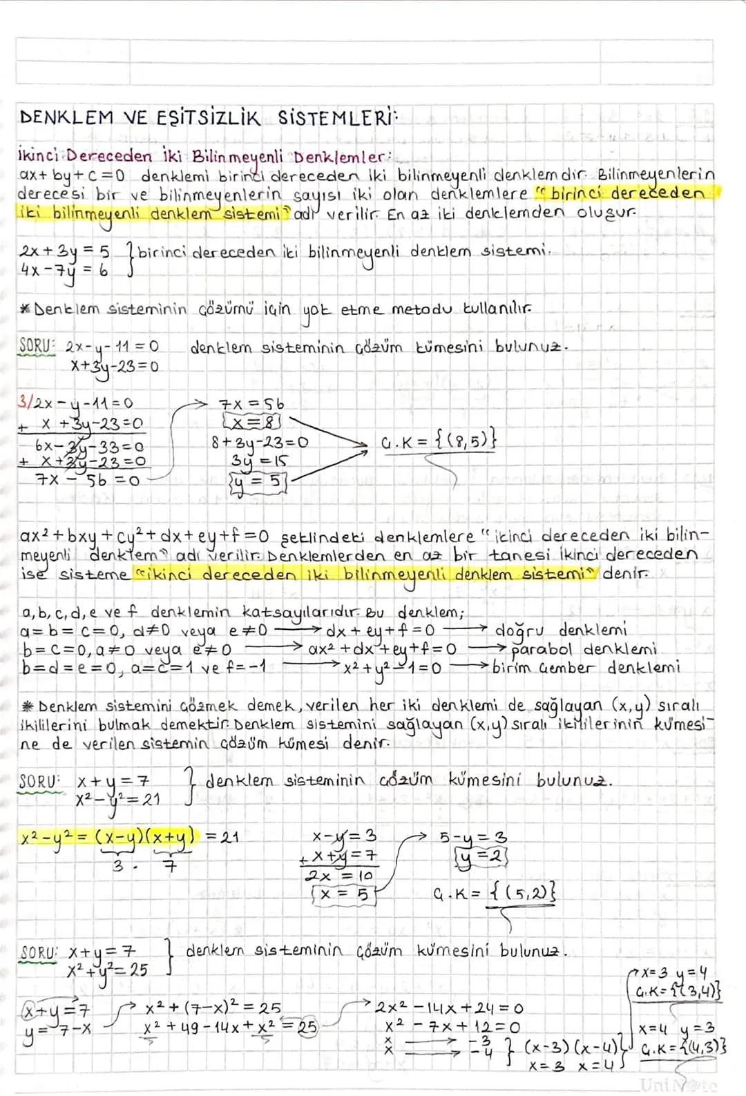 # DENKLEM VE EŞİTSİZLİK SİSTEMLERİ

İkinci Dereceden İki Bilinmeyenli Denklemler:
ax+by+c=0 denklemi birinci dereceden iki bilinmeyenli denk