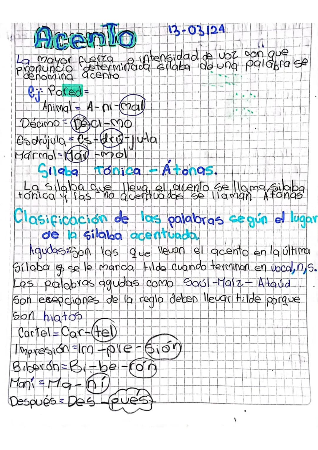 Acenio
13-03124
La mayor fuerza o intensidad de voz con que
pronuncio determinada silaba de una palabra se
denomina acento
Cj Pared
Animal =