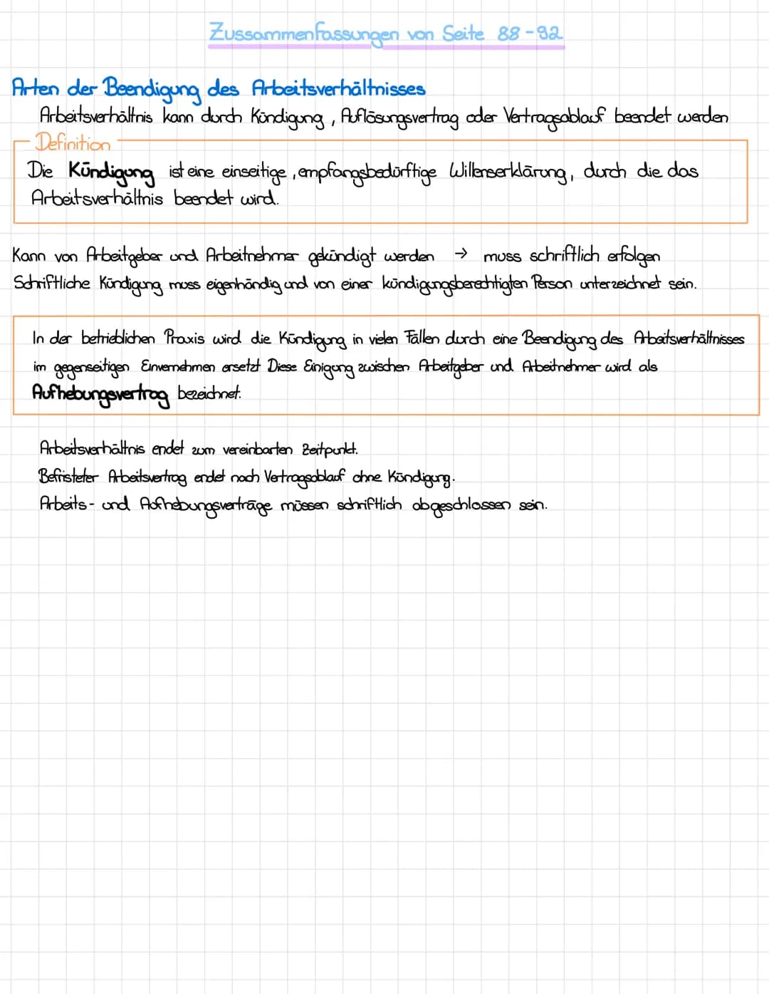 Zussammenfassungen von Seite 88-92

Arten der Beendigung des Arbeitsverhältnisses
Arbeitsverhältnis kann durch Kündigung, Auflösungsvertrag 