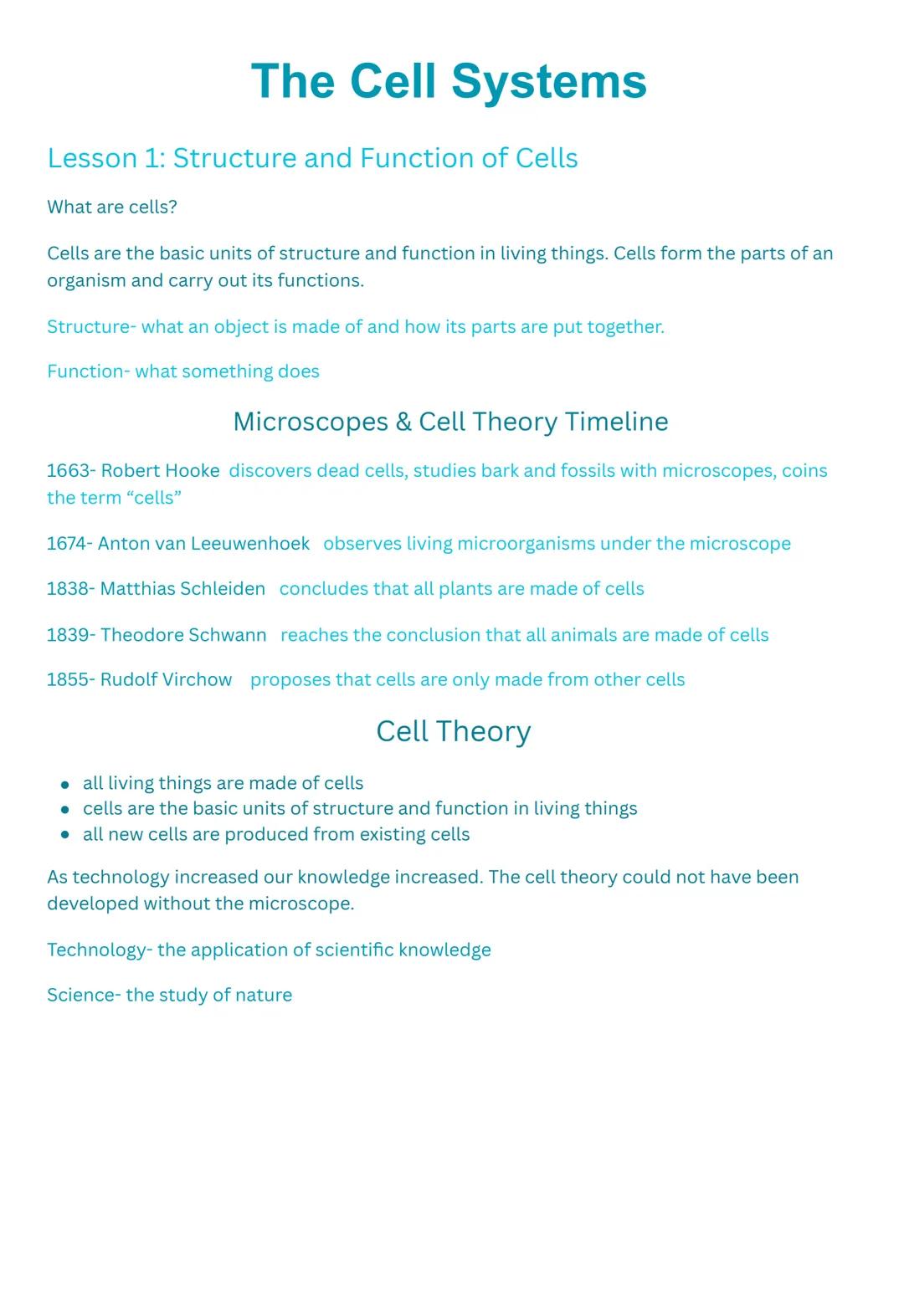 # The Cell Systems

Lesson 1: Structure and Function of Cells

What are cells?

Cells are the basic units of structure and function in livin