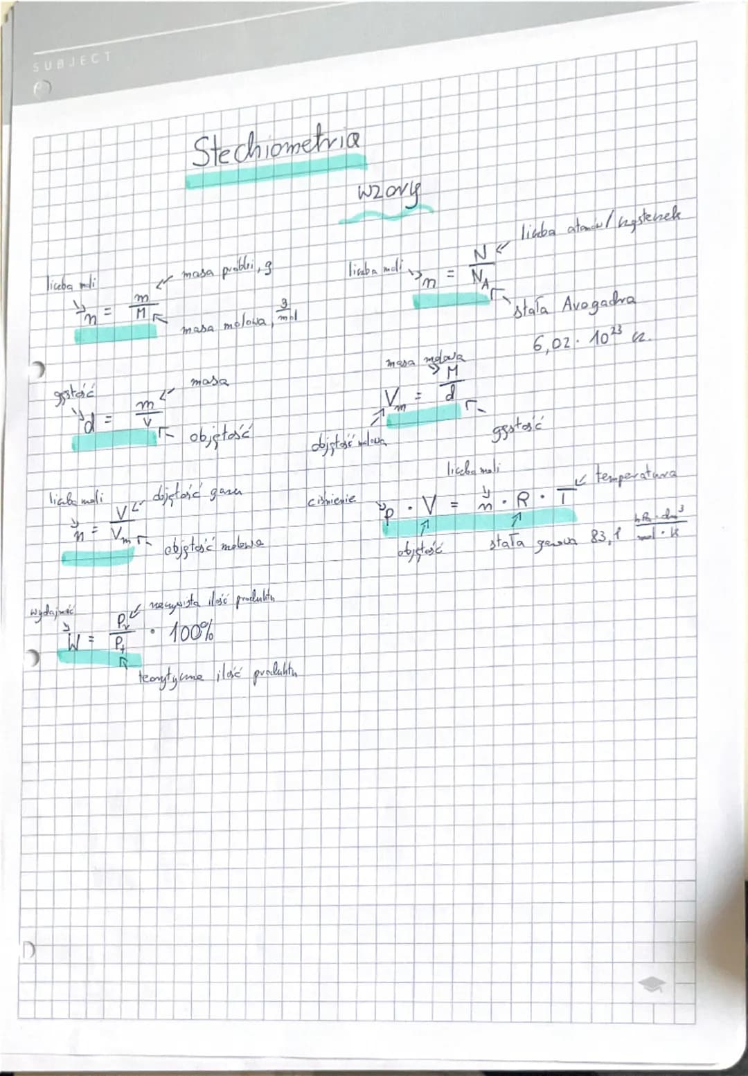 D
SUBJECT

Stechiometria

wzory

liczba midi
$
\frac{m}{n} = \frac{m}{M}$
masa
proble, g
masa melawa, $\frac{g}{mol}$
liczba mali
$
m = \fra