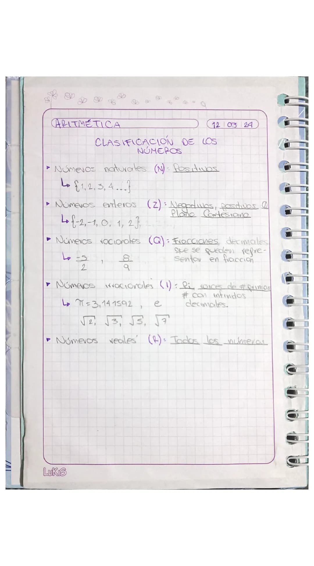 ARITMETICA

12 03 24

CLASIFICACIÓN DE LOS
NÚMEROS

- Números naturales (N): Positivos

L {1,2,3,4...}

- Números enteros (2): Negodwos, por