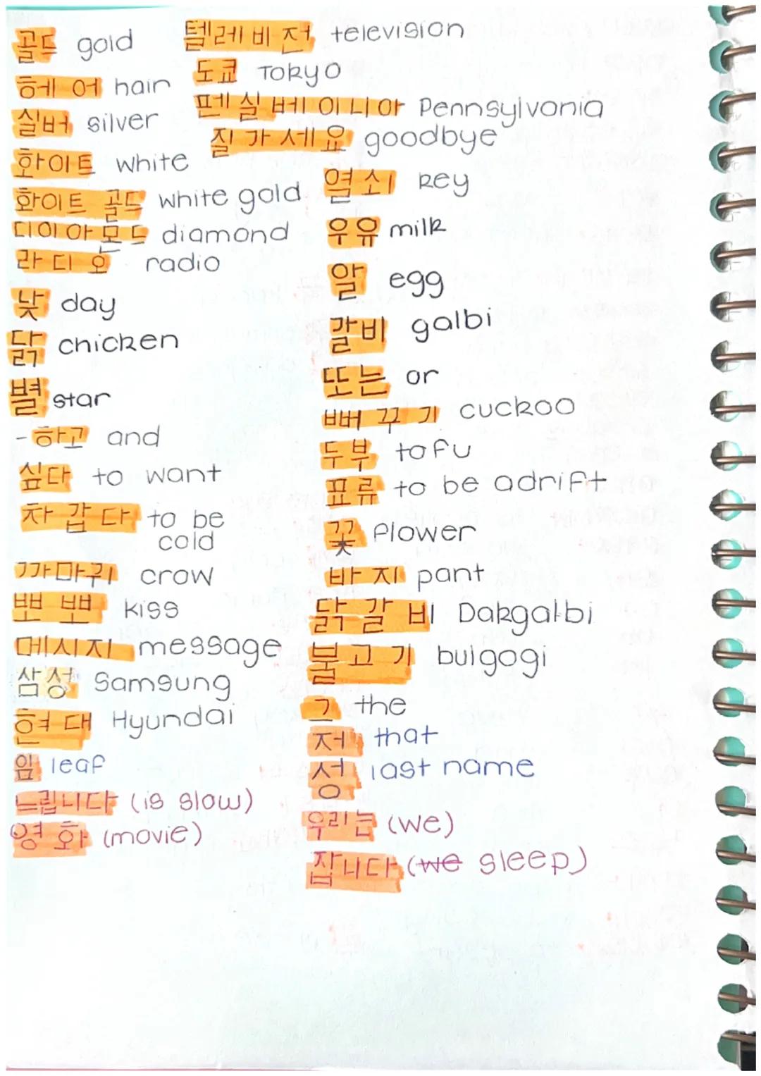 오이 cucumber
신무 newspaper
야구 baseball
개미 ant
개서 rewrite
학생 student
피아노 piano
닭 chicken
쓰레기 trash
열쇠 key
하다 to do
맛 D flavor
뚜뚜 LC hoot hoot
한