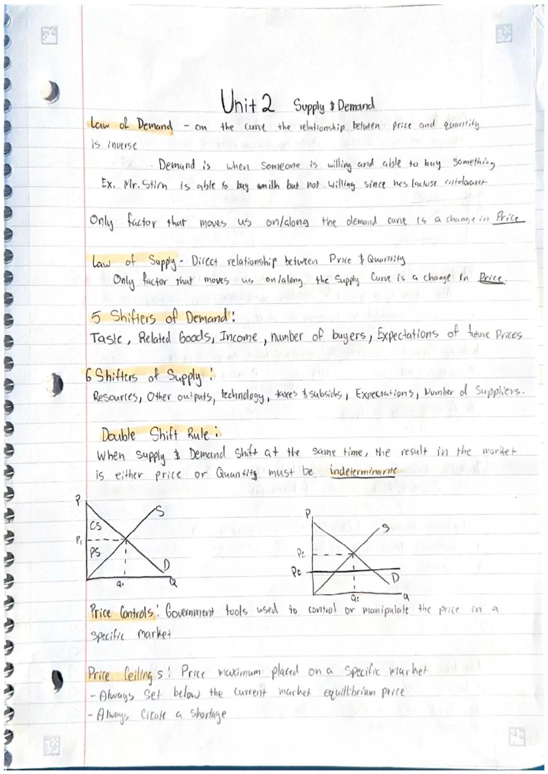 Unit 2 Supply & Demand

Law of Demand-on the curve the relationship between price and quantity.
is inverse

Demand is when someone is willin