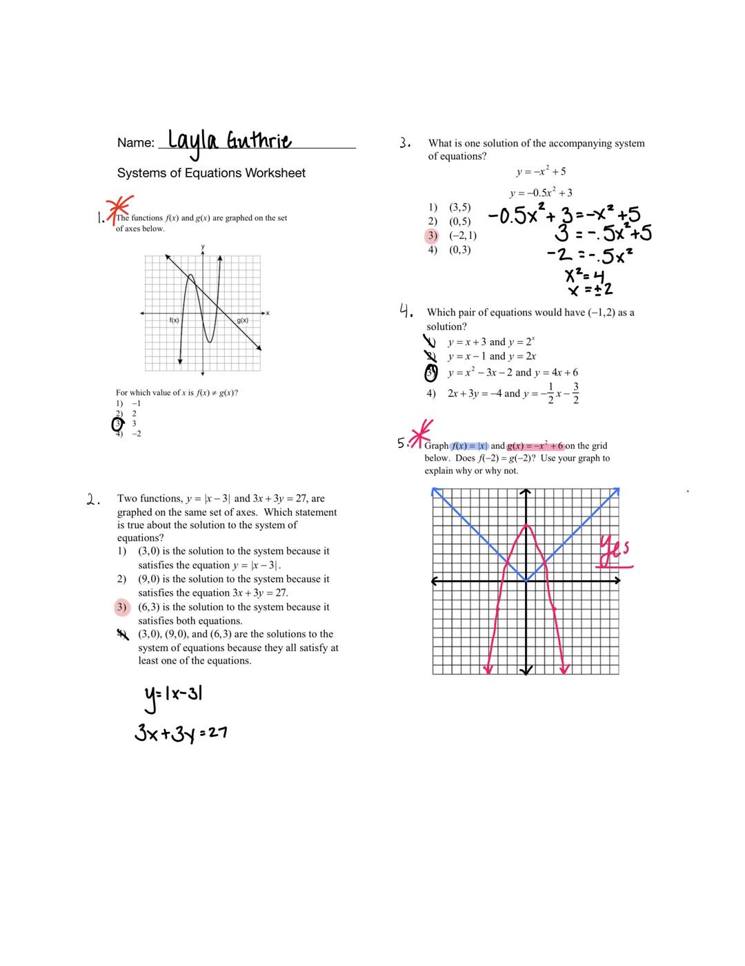 Name: Layla Guthrie

Systems of Equations Worksheet

1. The functions f(x) and g(x) are graphed on the set
of axes below.

For which value o