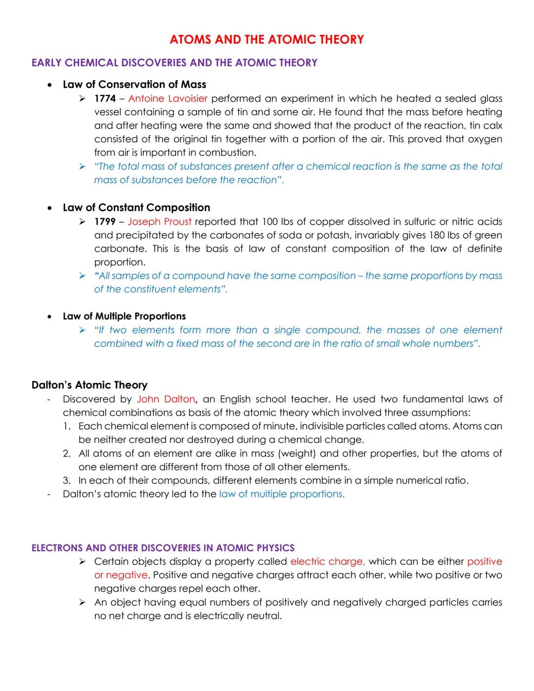 # ATOMS AND THE ATOMIC THEORY

EARLY CHEMICAL DISCOVERIES AND THE ATOMIC THEORY

- Law of Conservation of Mass
  - ➤ 1774- Antoine Lavoisier