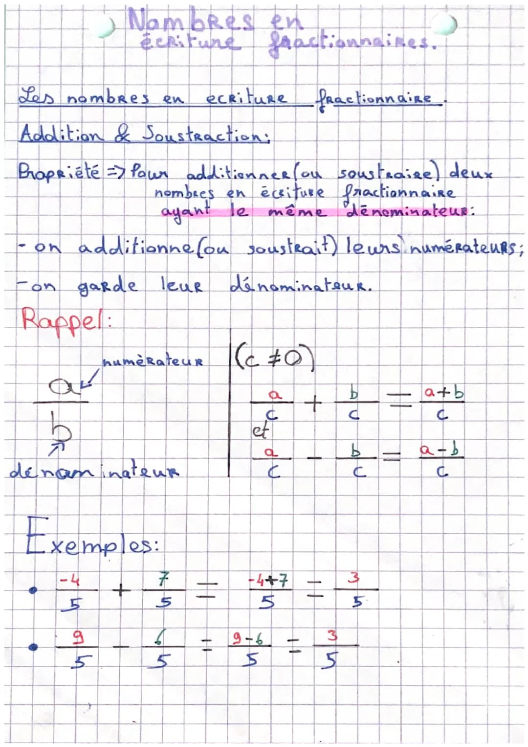 # Nambres en
écriture fractionnaires.

Les nombres en ecriture fractionnaire.

Addition & Soustraction:

Propriété Pour additionner(ou soust