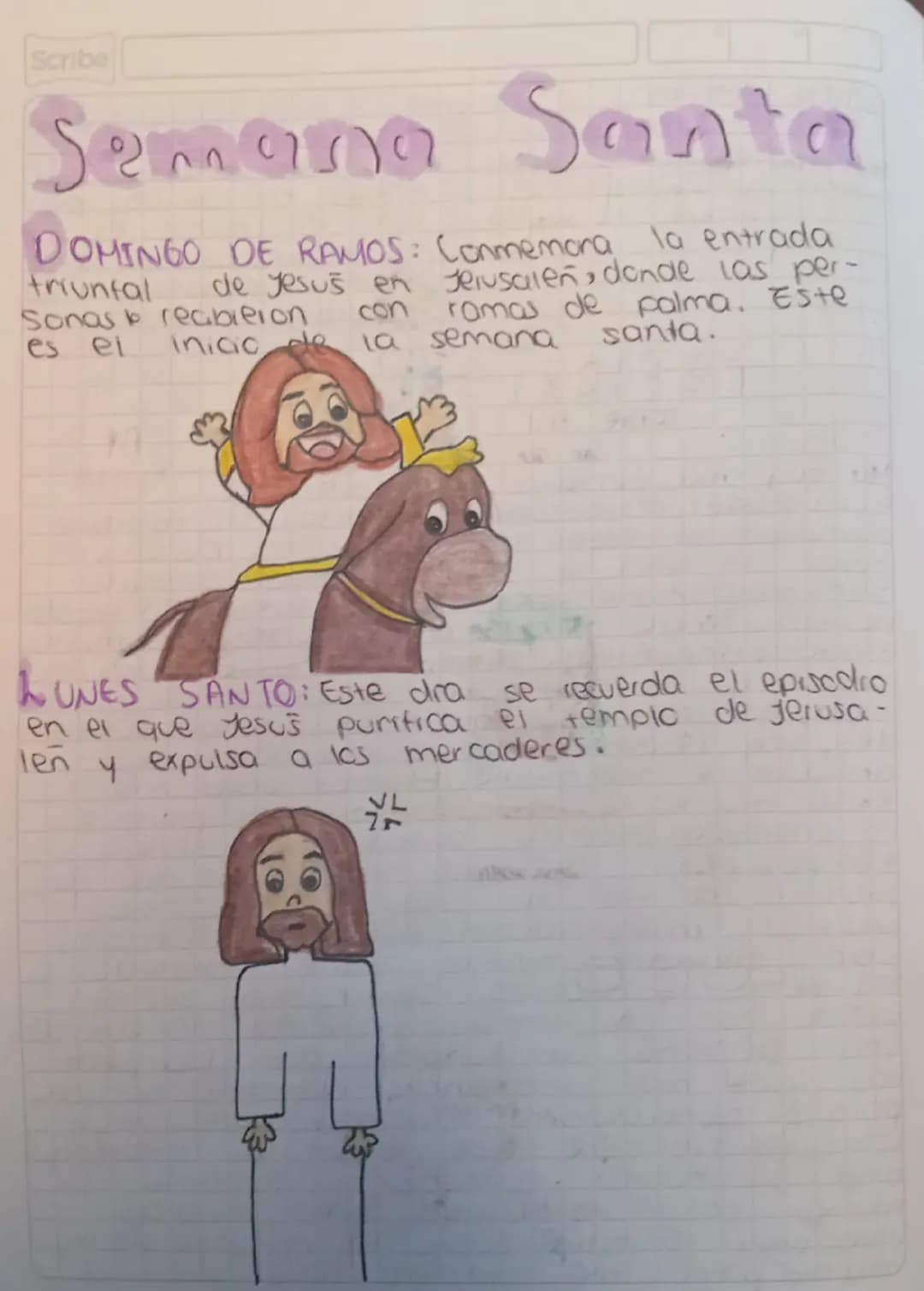Scribe
# Semana Santa
DOMINGO DE RAMOS: Conmemora la entrada
triunfal de yesus en Jerusaleń, donde las per-
Sonas reabieion con ramas de pal