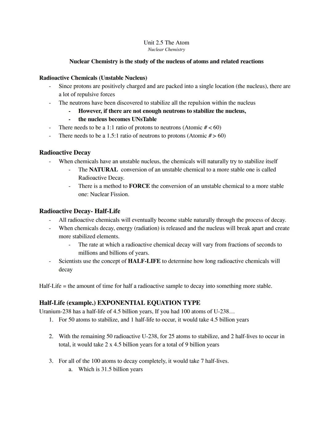 Unit 2.5 The Atom
Nuclear Chemistry

Nuclear Chemistry is the study of the nucleus of atoms and related reactions

Radioactive Chemicals (Un