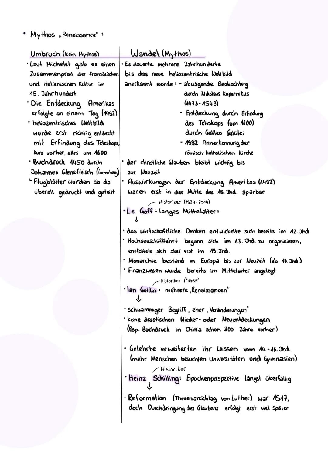 Lernzettel Renaissance

*die Epochen:
Antike/Altertum -> 500 v. Chr. - 500 n. Chr.
Mittelalter -> 500 n. Chr. - 1500 n. Chr. (6-16 Ind.)
Frü
