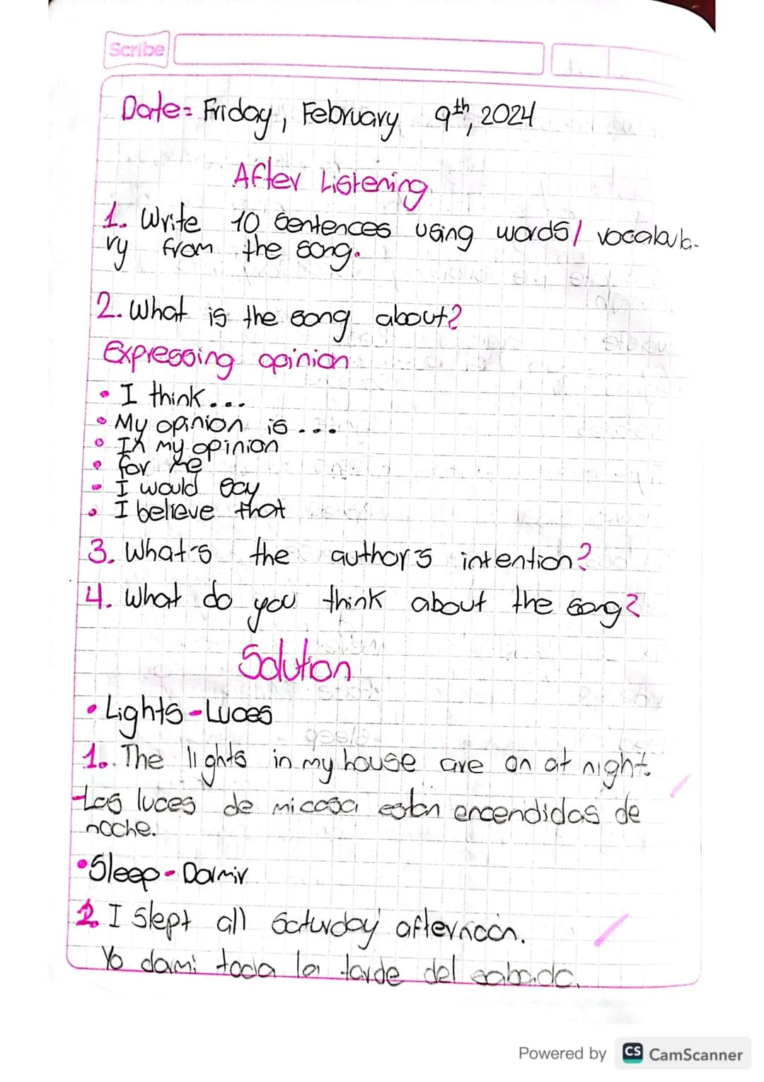 07 02 24

Date: Wednesday February 7th, 2024

Listening Activity
I Pre-lintening
1. Translate the following vocabulary into
opanigh.
*   was