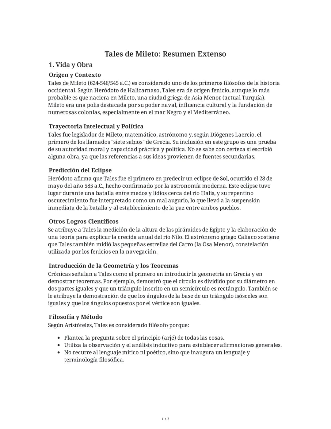 # Tales de Mileto: Resumen Extenso

## 1. Vida y Obra

### Origen y Contexto

Tales de Mileto (624-546/545 a.C.) es considerado uno de los p
