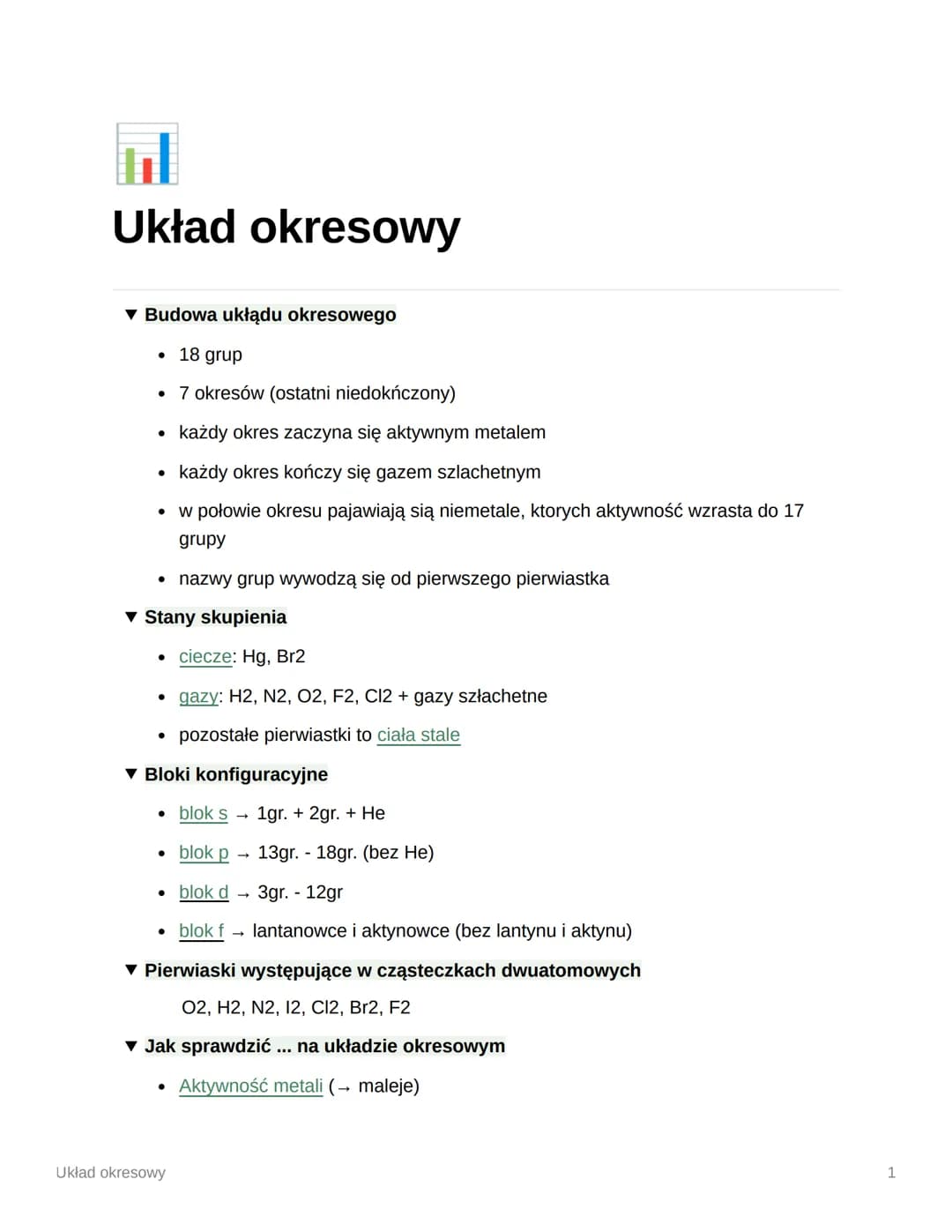 # Układ okresowy

▼ Budowa ukłądu okresowego

*   18 grup

*   7 okresów (ostatni niedokńczony)

*   każdy okres zaczyna się aktywnym metale