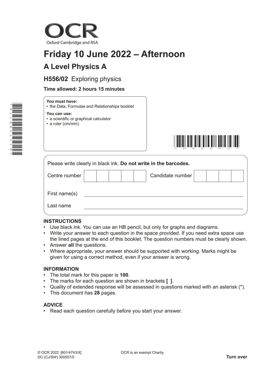 # OCR
Oxford Cambridge and RSA

# Friday 10 June 2022 - Afternoon

# A Level Physics A

# H556/02 Exploring physics
Time allowed: 2 hours 15