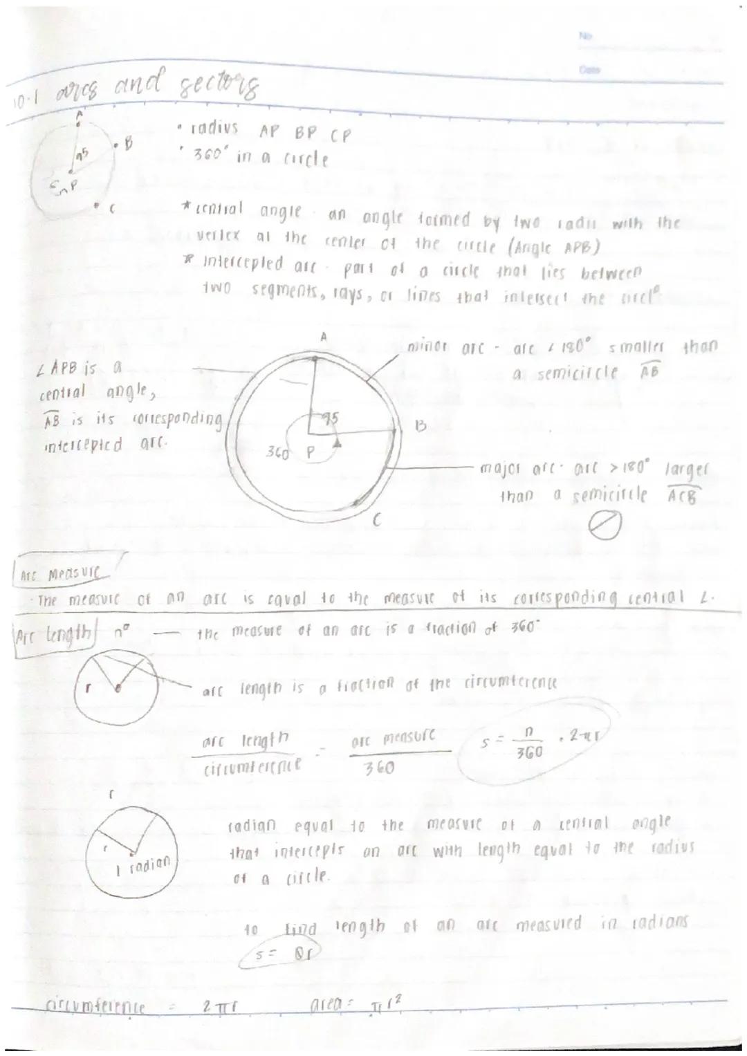 # 10.1 ares and sectors

B

CAP

C

*   radivs AP BP CP
*   360° in a circle

*cential angle an angle tormed by two radu with the
vertex at 