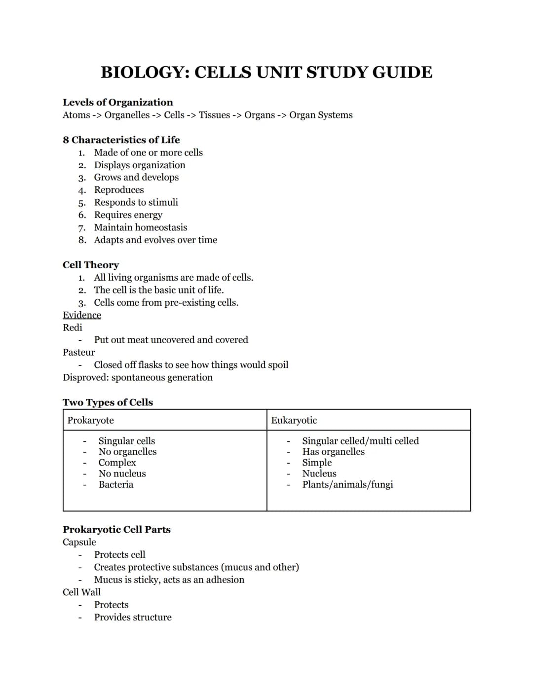 # BIOLOGY: CELLS UNIT STUDY GUIDE

Levels of Organization
Atoms -> Organelles -> Cells -> Tissues -> Organs -> Organ Systems

8 Characterist