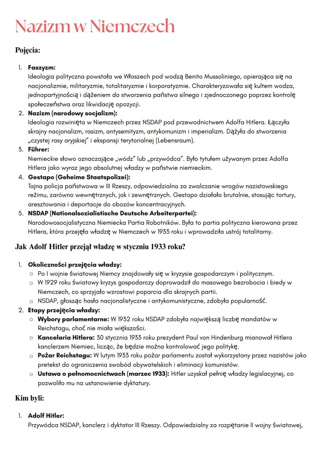 # Nazizm w Niemczech

Pojęcia:

1. Faszyzm:
Ideologia polityczna powstała we Włoszech pod wodzą Benito Mussoliniego, opierająca się na
nacjo