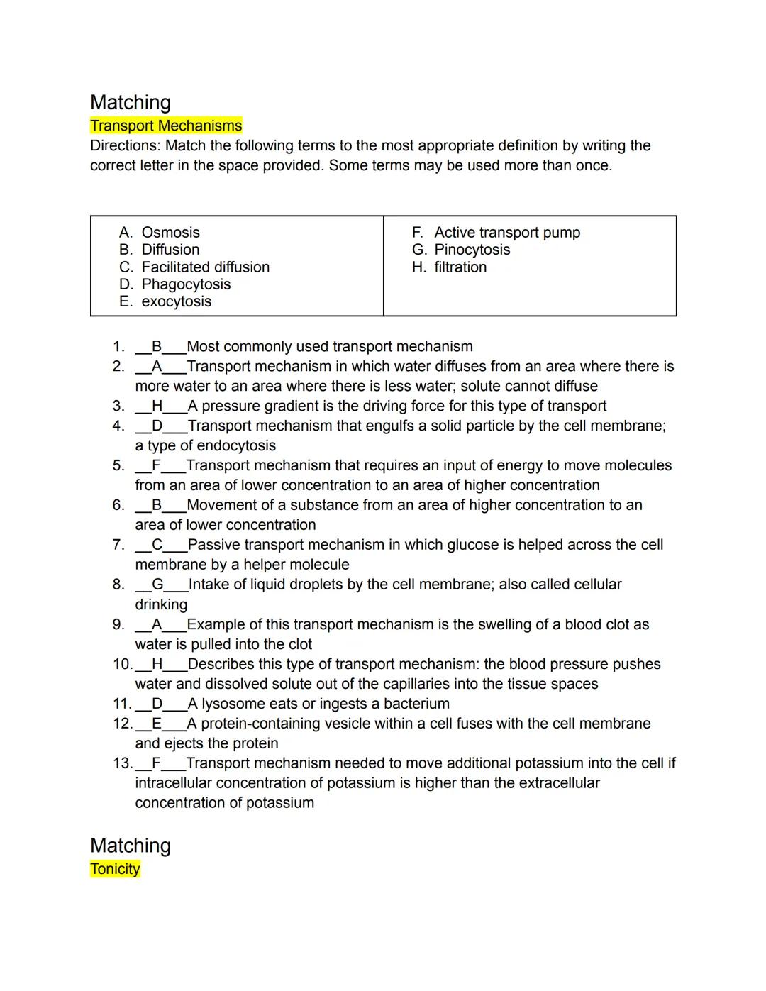 # PART 1: Mastering The Basics
Matching
Parts of a Typical Cell
Directions: Match the following terms to the most appropriate definition by 