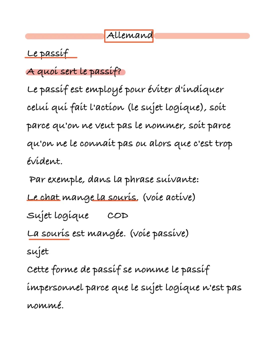 Allemand

Le passif

A quoi sert le passif?

Le passif est employé pour éviter d'indiquer
celui qui fait l'action (le sujet logique), soit
p