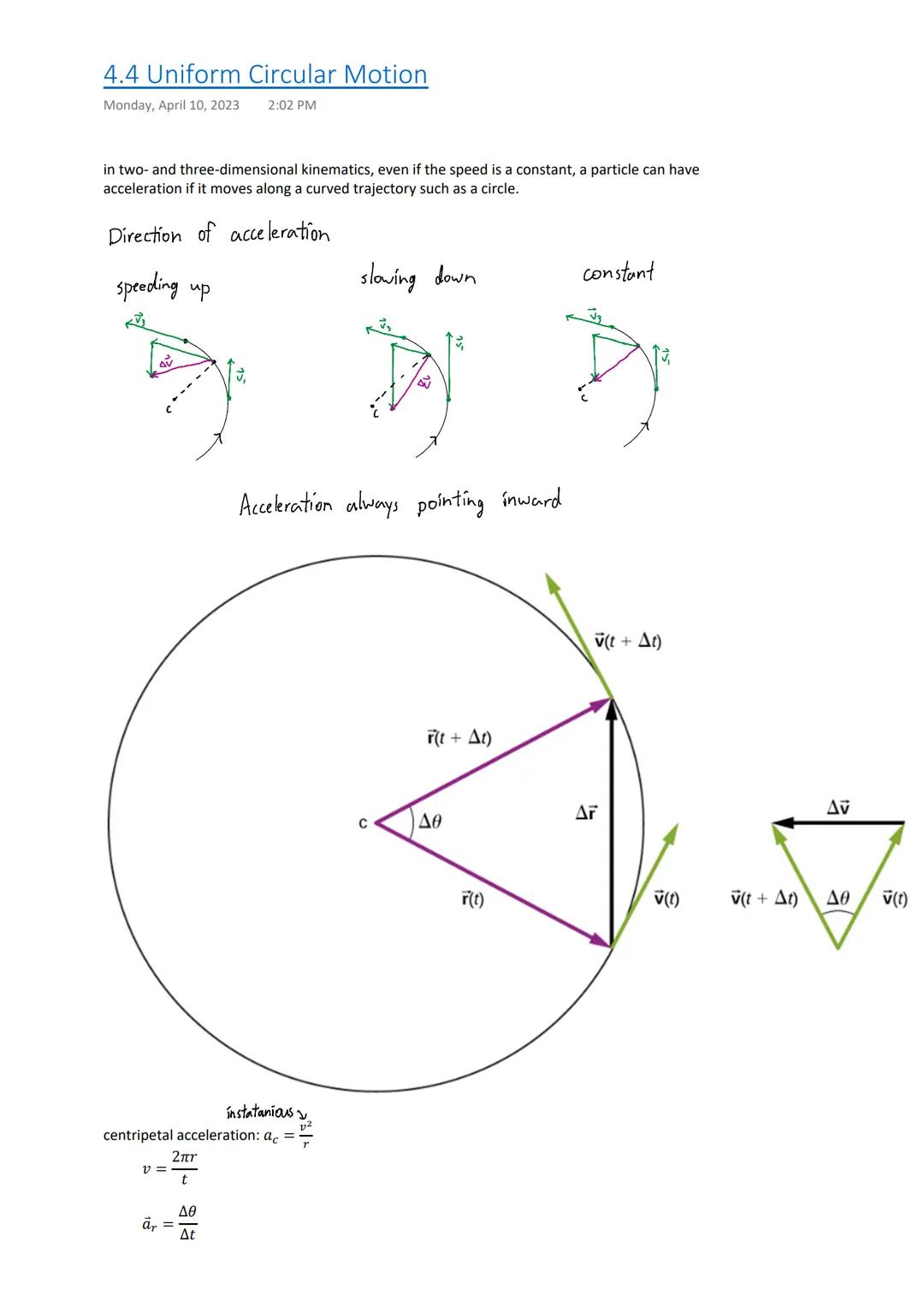 # 4.4 Uniform Circular Motion
Monday, April 10, 2023 2:02 PM

in two- and three-dimensional kinematics, even if the speed is a constant, a p