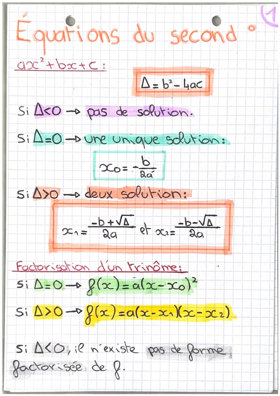 # Équations du second

ax²+bx+c:

$
\Delta = b²-4ac
$

Si $\Delta$<0 $\rightarrow$ pas de solution.

Si $\Delta$=0 $\rightarrow$ une unique 