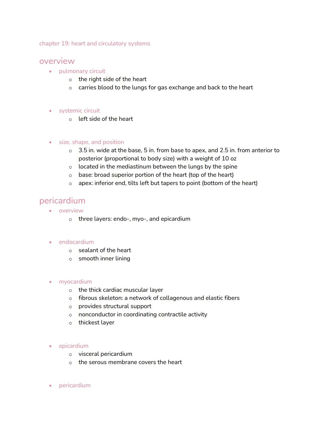 chapter 19: heart and circulatory systems

overview
*   pulmonary circuit
    *   the right side of the heart
    *   carries blood to the l
