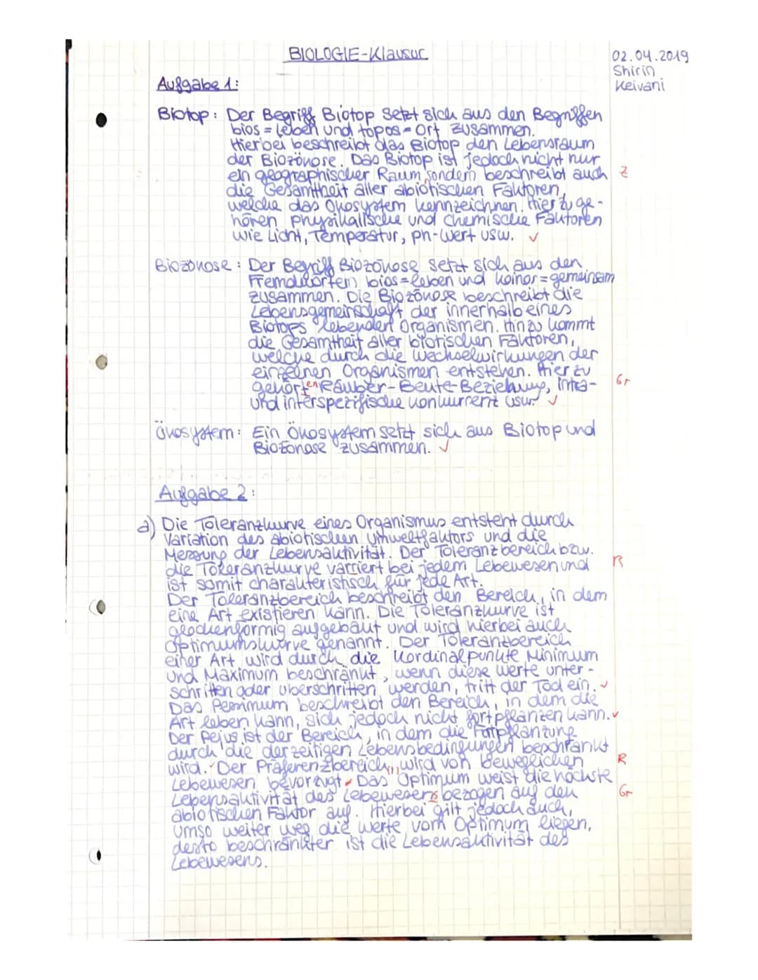 ✓Aufgabe 1:
Nennen Sie die Definitionen der Begriffe Biotop, Biozönose und Ökosystem. [ 8 /8]

✓ Aufgabe 2: Felsenkrabben auf Jamaika (Mater