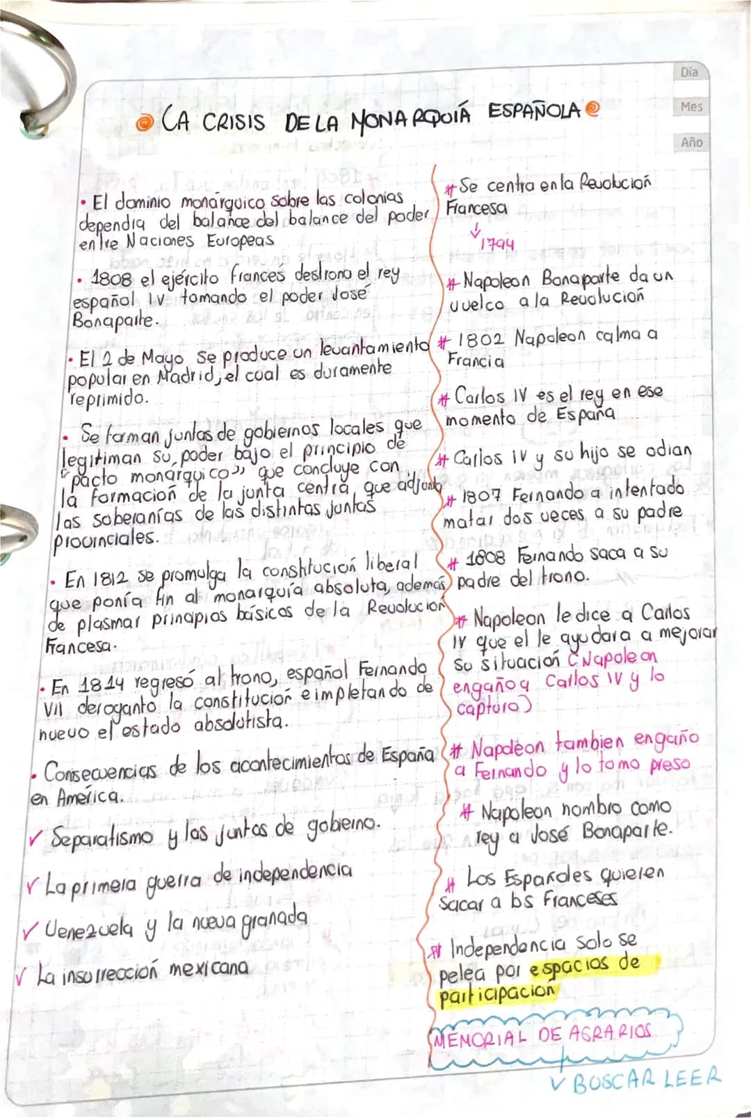 # CA CRISIS DE LA MONARQUIA ESPAÑOLA

Dia

Mes

Απο

#Se centra en la Revolución
- El dominio monarquico sobre las colonias
dependia del bal