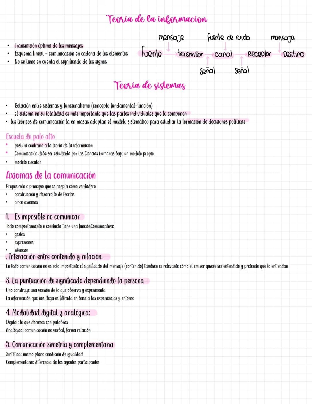 # Teoria de la informacion

- Transmisión óptima de los mensajes
- Esquema lineal - comunicación en cadena de los elementos
- No se tiene en