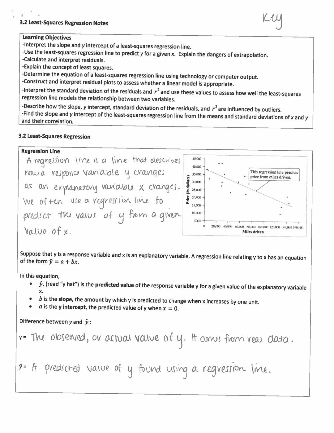 # 3.2 Least-Squares Regression Notes

Learning Objectives
-Interpret the slope and y intercept of a least-squares regression line.
-Use the 