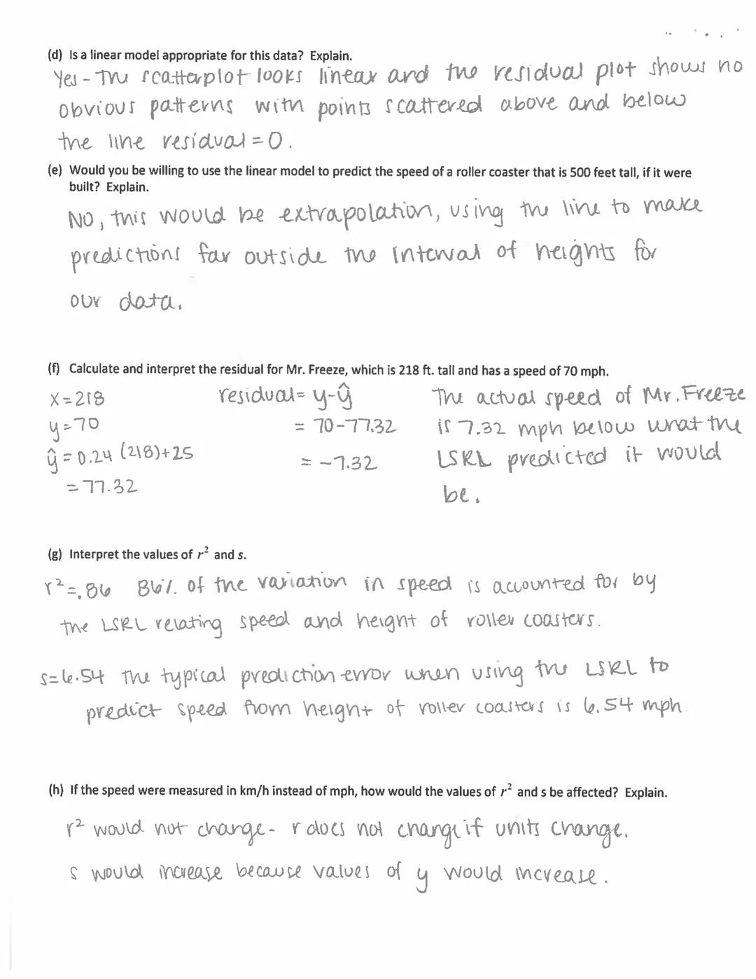 # 3.2 Least-Squares Regression Notes

Learning Objectives
-Interpret the slope and y intercept of a least-squares regression line.
-Use the 