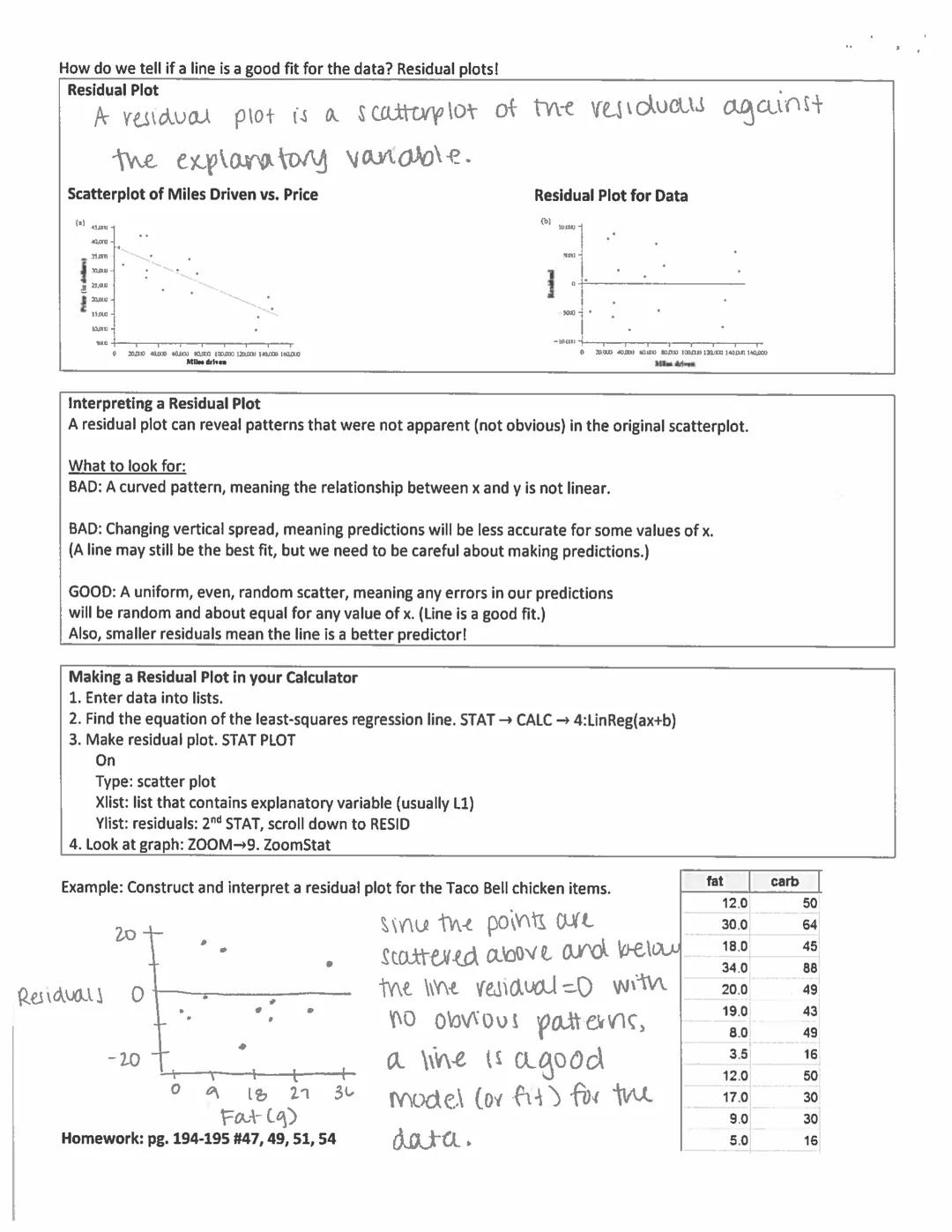 # 3.2 Least-Squares Regression Notes

Learning Objectives
-Interpret the slope and y intercept of a least-squares regression line.
-Use the 