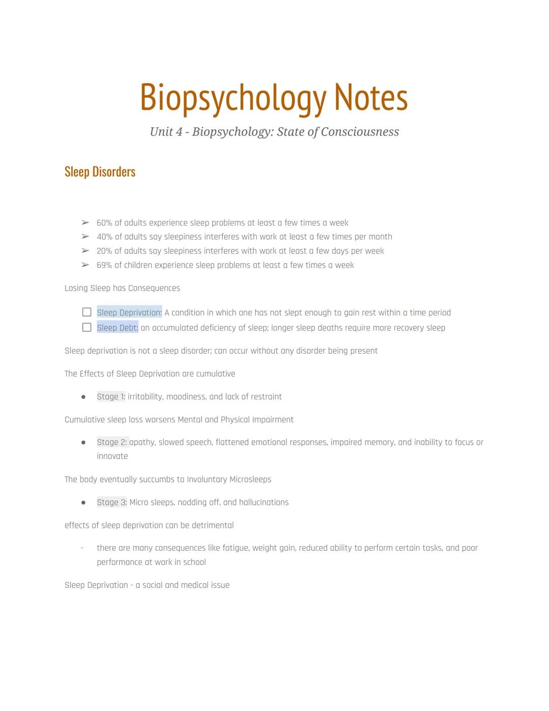 # Biopsychology Notes
Unit 4 - Biopsychology: State of Consciousness

Sleep Disorders

➤ 60% of adults experience sleep problems at least a 