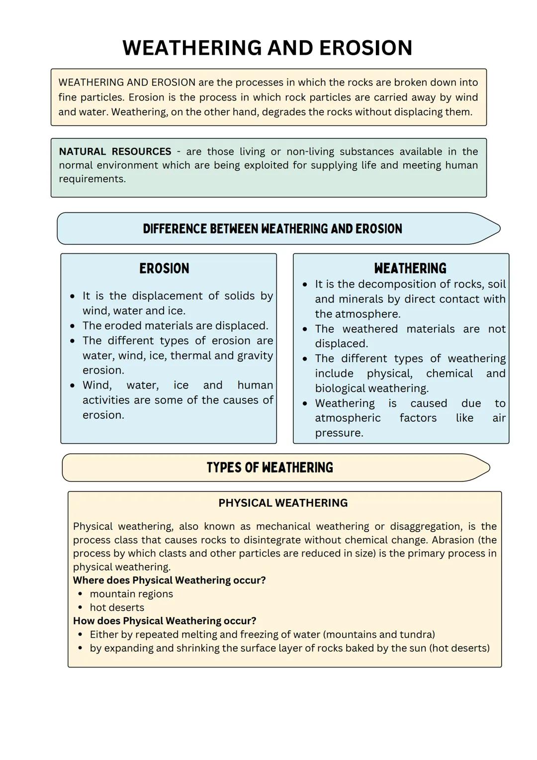# WEATHERING AND EROSION

WEATHERING AND EROSION are the processes in which the rocks are broken down into
fine particles. Erosion is the pr