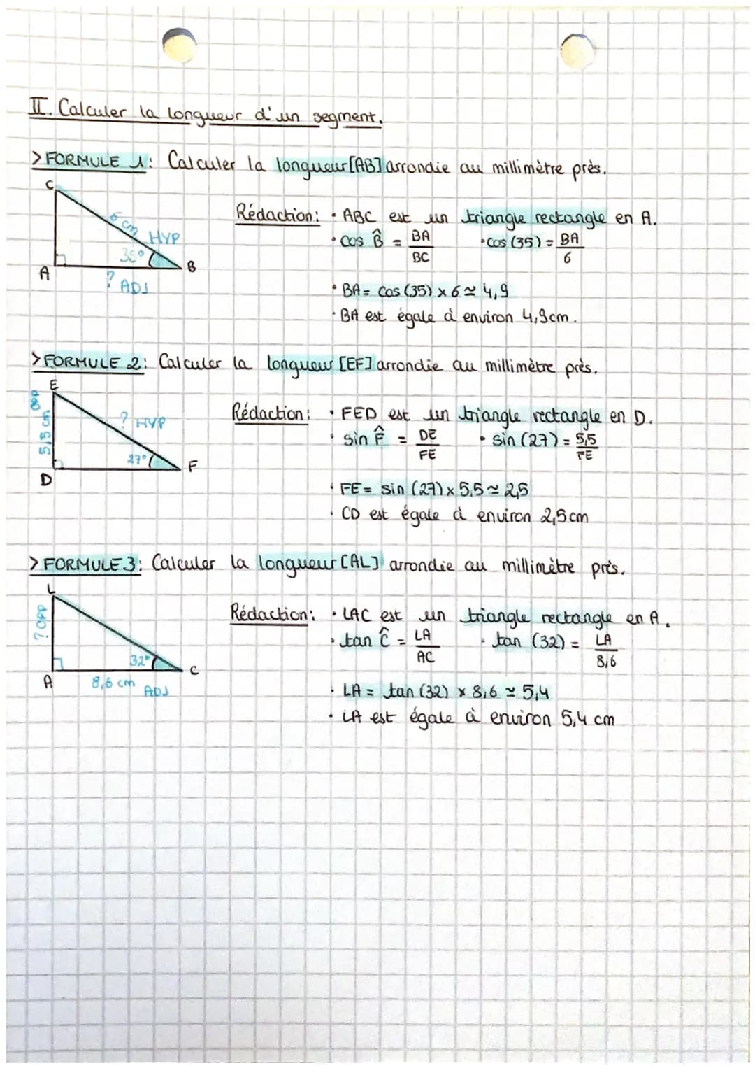 >>>TRIGONOMETRIE

I. Les 3 formules.

maths

- Dans un triangle rectangle:

COSINUS = $\frac{ADJACENT}{HYPOTÉNUSE}$ | SINUS = $\frac{OPPOSÉ}