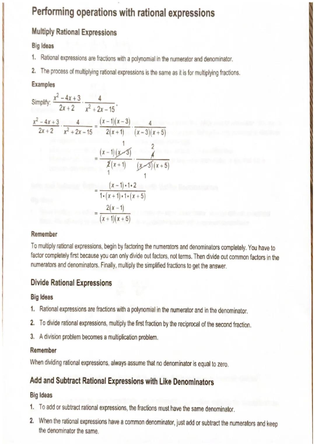 # Performing operations with rational expressions

Multiply Rational Expressions

Big Ideas

1. Rational expressions are fractions with a po