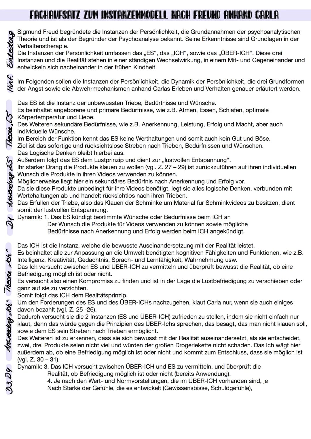 # FACHAUFSATZ ZUM INSTANZENMODELL NACH FREUND ANHAND CARLA

Sigmund Freud begründete die Instanzen der Persönlichkeit, die Grundannahmen der