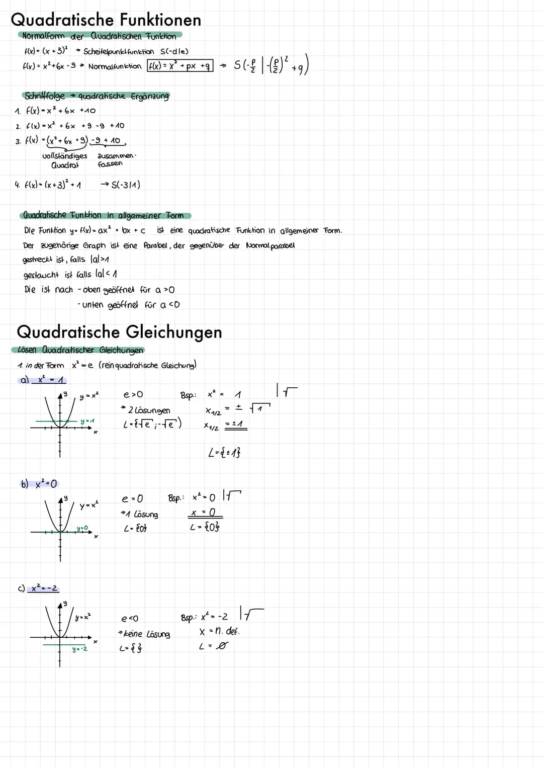 # Quadratische Funktionen
Normalform der Quadratischen Funktion

f(x)= (x + 3)² Scheitelpunkt funktion S(-dle)

f(x)=x²+6x-9 Normalfunktion 